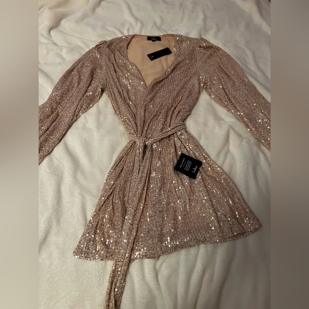 Lulus Gold Sequin Wrap Dress. Size Medium